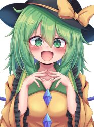 Rule 34 | 1girl, :d, blouse, blush, bow, breasts, buttons, diamond button, dress, frilled dress, frills, green eyes, grey hair, hair between eyes, hands up, happy, hat, hat bow, highres, komeiji koishi, long hair, long sleeves, looking at viewer, medium breasts, medium hair, open mouth, shirt, simple background, siw0n, small breasts, smile, solo, touhou, upper body, white background, wide sleeves, yellow bow, yellow shirt