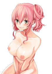 1girl :p bad_id bad_pixiv_id blush breasts cum cum_in_mouth cum_on_body cum_on_breasts cum_on_tongue cum_on_upper_body facial female_focus green_eyes huge_breasts midorikawa_you navel nipples nude open_mouth original pink_hair short_hair short_twintails simple_background sitting smile solo tongue tongue_out twintails white_background