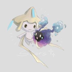 Rule 34 | :3, black sclera, blank eyes, blush stickers, closed mouth, colored sclera, colored skin, cosmog, creatures (company), english text, eye contact, floating, full body, game freak, gen 3 pokemon, gen 7 pokemon, grey background, happy, highres, jirachi, legendary pokemon, looking at another, muted color, mythical pokemon, nintendo, notice lines, open mouth, pokemon, pokemon (creature), simple background, smile, sparkle, white eyes, white skin, yellow eyes, yug (yu g)