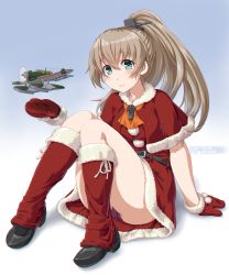 Rule 34 | 1girl, aircraft, airplane, aqua eyes, black footwear, blush, brown hair, capelet, closed mouth, dated, dd (ijigendd), full body, fur trim, gradient background, hair between eyes, highres, kantai collection, kumano (kancolle), long hair, mittens, official alternate costume, pom pom (clothes), ponytail, red capelet, santa costume, smile, solo, twitter username
