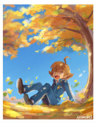 Rule 34 | 1boy, ace attorney, ace attorney investigations, ace attorney investigations 2, ahoge, autumn, autumn leaves, blue jacket, brown eyes, brown hair, day, flipped hair, highres, ichiyanagi yumihiko, jacket, jacket on shoulders, long sleeves, male focus, nono (norabi), open mouth, outdoors, pants, school uniform, shoes, short hair, sitting, sky, smile, solo, tree