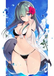 Rule 34 | 10s, 1girl, bare shoulders, bikini, black bikini, blue eyes, blue sky, breasts, cleavage, closed mouth, cloud, cloudy sky, day, dutch angle, artistic error, flower, front-tie bikini top, front-tie top, gluteal fold, green hair, hair flower, hair ornament, hand to own mouth, hibiscus, kantai collection, kickboard, medium breasts, navel, netarou, off shoulder, one eye closed, outdoors, side-tie bikini bottom, sky, solo, suzuya (kancolle), swimsuit, thighs, wading, water drop, wide hips