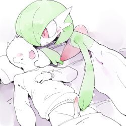 Rule 34 | 1boy, 1girl, absurdres, bob cut, clothes pull, colored skin, creatures (company), cum, dress, ejaculation, erection, game freak, gardevoir, gen 3 pokemon, green hair, handjob, hetero, highres, multicolored skin, nintendo, open mouth, pants, pants pull, parted lips, penis, pillow, pokemon, pokemon (creature), pokephilia, red eyes, sweat, two-tone skin, white dress, white skin, youjo modoki