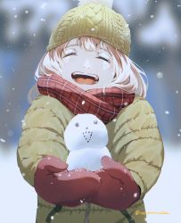 Rule 34 | 1girl, :d, absurdres, closed eyes, down jacket, gloves, hat, highres, holding, ice morinaka, jacket, knit hat, long sleeves, open mouth, original, pink hair, scarf, smile, snow, snowing, snowman, solo