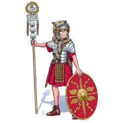 Rule 34 | absurdres, armor, battle standard, gladius, greco-roman clothes, highres, looking to the side, ostwindprojekt, pelt, roman armor, roman clothes, roman empire, shield, standard bearer