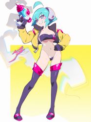 Rule 34 | 1girl, absurdres, aetherion, ahoge, aqua eyes, aqua hair, black gloves, blush stickers, breasts, contrapposto, cropped jacket, detached ahoge, energy gun, full body, gloves, grin, gris swimsuit, hand on own hip, highres, holding, holding weapon, jacket, looking at viewer, medium breasts, meme attire, multicolored eyes, navel, one-piece swimsuit, open clothes, open jacket, original, pink eyes, ray gun, see-through swimsuit, short hair, smile, solo, space girl (aetherion), standing, swimsuit, thighhighs, underboob, weapon, yellow jacket