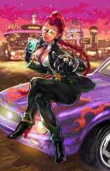 Rule 34 | 1girl, between breasts, boots, braid, breasts, car, crimson viper, dark-skinned female, dark skin, drink, ford, ford mustang, formal, high heel boots, high heels, highres, kinoshita reiko, lips, long hair, motor vehicle, necktie, necktie between breasts, on vehicle, one eye closed, pompadour, red hair, sitting, solo, street fighter, street fighter iv (series), suit, sunglasses, vehicle