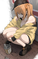 Rule 34 | 1girl, absurdres, baseball cap, black choker, black hat, blonde hair, breasts, choker, cleavage, collarbone, commentary, expressionless, hair bobbles, hair ornament, hands on own knees, hat, highres, hood, hoodie, large breasts, mameroku, no pants, off shoulder, original, side ponytail, sideways hat, solo, squatting, symbol-only commentary, thighs, yellow hoodie
