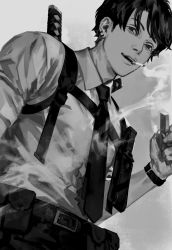 Rule 34 | 1boy, belt, black hair, black necktie, chainsaw man, cigarette, ear piercing, greyscale, highres, holding, holding lighter, katana, kishibe (chainsaw man), kishibe (young) (chainsaw man), knife, lighter, looking at viewer, monochrome, necktie, piercing, seki (fyfyfy), short hair, simple background, sleeves rolled up, smoke, smoking, solo, strap, sword, watch, weapon