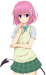 Rule 34 | 10s, 1girl, absurdres, colorized, hair ornament, hairclip, highres, momo velia deviluke, pink hair, purple eyes, school uniform, short hair, smile, solo, tail, to love-ru, to love-ru darkness, transparent background
