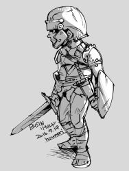 Rule 34 | 1boy, armor, artist name, closed mouth, dated, full body, greyscale, helmet, hounori, male focus, monochrome, shield, simple background, solo, sword, weapon, white background, wizardry