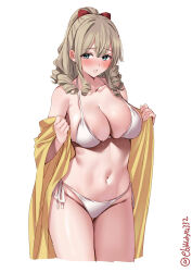 Rule 34 | 1girl, bikini, blue eyes, blush, bow, breasts, collarbone, cropped legs, ebifurya, furrowed brow, groin, hair between eyes, hair bow, hands up, hatakaze (kancolle), high ponytail, highres, kantai collection, large breasts, light brown hair, long hair, looking at viewer, navel, one-hour drawing challenge, open clothes, parted lips, red bow, ringlets, side-tie bikini bottom, sidelocks, simple background, skindentation, solo, sweat, swimsuit, thigh gap, thighs, twitter username, white background, white bikini