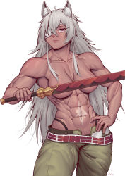 Rule 34 | 1girl, abs, absurdres, animal ears, broad shoulders, convenient censoring, cowboy shot, dark-skinned female, dark skin, expressionless, eyepatch, ghislaine dedoldia, green pants, grey hair, half-closed eyes, hand on own hip, highres, holding, holding sword, holding weapon, long hair, muscular, muscular arms, muscular female, mushoku tensei, obliques, one-eyed, pants, scar, scar on face, scar on stomach, simple background, solo, speedl00ver, standing, sword, tail, tail ornament, tail ring, topless, weapon, white background