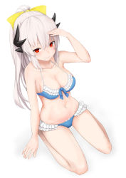 Rule 34 | 1girl, absurdres, arm at side, arm up, bare arms, bare legs, bare shoulders, bikini, blue bikini, blush, bow, breasts, cleavage, closed mouth, collarbone, fate/grand order, fate (series), frilled bikini, frills, from above, full body, groin, hair bow, high ponytail, highres, horns, kiyohime (fate), kiyohime (fate/grand order), kiyohime (swimsuit lancer) (fate), kiyohime (swimsuit lancer) (third ascension) (fate), kneeling, long hair, looking at viewer, looking up, medium breasts, navel, pnoji, red eyes, salute, sidelocks, simple background, sitting, smile, solo, stomach, swimsuit, tsurime, very long hair, white background, yellow bow
