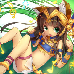 Rule 34 | 1girl, animal ears, anklet, armlet, bastet (p&amp;d), blunt bangs, blush, bracelet, brown hair, cat ears, cat tail, dark-skinned female, dark skin, egyptian, egyptian clothes, fang, from above, green eyes, hair ornament, headpiece, if (asita), jewelry, legband, legs up, long hair, lots of jewelry, lying, musical note, navel, necklace, on back, open mouth, puzzle &amp; dragons, skirt, smile, solo, tail, tatapopo, white skirt