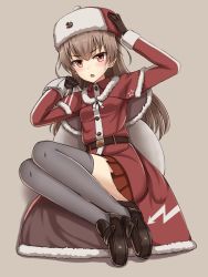 Rule 34 | 1girl, belt, brown eyes, brown gloves, brown hair, cape, capelet, coat, dress, fur cape, fur hat, gloves, grey thighhighs, hammer and sickle, hand on headwear, hat, highres, loafers, looking at viewer, miniskirt, original, overcoat, pleated skirt, red dress, red skirt, shoes, skirt, solo, thighhighs, winter clothes, winter coat, yakob labo