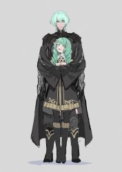 Rule 34 | 1boy, 1girl, armor, byleth (fire emblem), byleth (male) (fire emblem), couple, drill hair, fire emblem, fire emblem: three houses, flayn (fire emblem), green eyes, green hair, hair ornament, height difference, highres, hug, nintendo, ogata tomio, open mouth, simple background, uniform