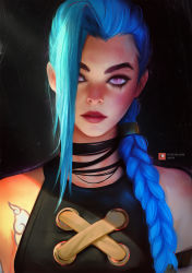 Rule 34 | 1girl, arcane: league of legends, bare shoulders, blue hair, braid, braided ponytail, dark background, expressionless, eyeliner, hair over one eye, hair over shoulder, head tilt, highres, jewelry, jinx (league of legends), league of legends, lips, long hair, looking at viewer, makeup, nixri, nose, parted lips, purple eyes, realistic, simple background, solo, torn clothes, twin braids