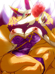 Rule 34 | 10s, 1girl, artist request, breasts, chinese clothes, come hither, dress, female focus, fingernails, fox, furry, furry female, genderswap, genderswap (mtf), kyuubi (youkai watch), long fingernails, looking at viewer, nipple piercing, nipples, no humans, piercing, solo, thick thighs, thighs, white background, youkai watch