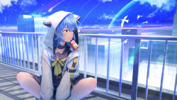 Rule 34 | 1girl, absurdres, animal hood, blue choker, blue eyes, blue hair, blue sailor collar, blue skirt, blue sky, bow, bowtie, choker, cityscape, cloud, commentary request, day, drinking straw, drinking straw in mouth, has bad revision, has downscaled revision, highres, hololive, hood, hood up, hooded jacket, hoshimachi suisei, hoshimachi suisei (school uniform), jacket, juice box, long hair, long sleeves, looking away, looking to the side, md5 mismatch, mouth hold, open clothes, open jacket, outdoors, railing, resolution mismatch, sailor collar, skirt, sky, solo, source smaller, star (symbol), star in eye, symbol in eye, v arms, virtual youtuber, white jacket, yellow bow, yellow bowtie, yoruillust
