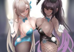 Rule 34 | 2girls, absurdres, animal ears, ass, asuna (blue archive), asuna (bunny) (blue archive), bad id, bad twitter id, bare shoulders, black hair, black leotard, blue archive, blue eyes, blue leotard, blush, breasts, chinese commentary, cleavage, commentary, dark-skinned female, dark skin, detached collar, dh-zone, elbow gloves, fake animal ears, fishnets, gloves, hair over one eye, highleg, highleg leotard, highres, karin (blue archive), karin (bunny) (blue archive), large breasts, leotard, light brown hair, long hair, looking at viewer, mole, mole on breast, multiple girls, pantyhose, playboy bunny, ponytail, rabbit ears, rabbit tail, sidelocks, smile, tail, thighs, white gloves, yellow eyes