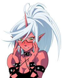 Rule 34 | 10s, 1girl, bare shoulders, blue hair, blush, breasts, cleavage, colored skin, demon girl, fangs, glasses, kneesocks (psg), long hair, mgk968, panty &amp; stocking with garterbelt, pointy ears, ponytail, red skin, simple background, solo, spikes, white background, yellow eyes