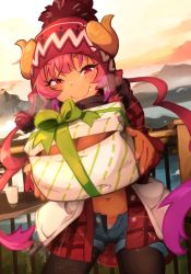 Rule 34 | 1girl, blush, bobblehat, box, breasts, commentary, cup, dragon horns, english commentary, fang, gift, gift box, giving, hat, highres, holding, holding gift, horns, horns through headwear, huge breasts, ilulu (maidragon), incoming gift, jacket, khyle., kobayashi-san chi no maidragon, pantyhose under shorts, long hair, looking at viewer, mountainous horizon, navel, outdoors, pantyhose, plaid, plaid shirt, railing, red eyes, red hair, ribbon, shirt, shorts, smile, solo, sunset, table, twintails, open fly