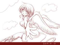 Rule 34 | 1girl, bad id, bad pixiv id, breasts, dated, hidamari sketch, looking at viewer, looking back, miyako (hidamari sketch), monochrome, open mouth, outstretched arms, quro (black river), smile, solo, wings