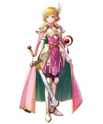 Rule 34 | 1girl, armor, artist request, black thighhighs, blonde hair, blue eyes, breastplate, cape, dress, elbow gloves, fire emblem, fire emblem: thracia 776, fire emblem heroes, full body, gloves, greaves, highres, holding, holding sword, holding weapon, looking at viewer, nanna (fire emblem), nintendo, non-web source, official art, pauldrons, pink cape, pink dress, short hair, shoulder armor, smile, solo, standing, sword, thighhighs, transparent background, weapon, white armor, white gloves, wing hair ornament