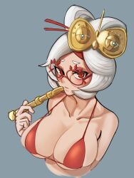 Rule 34 | 1girl, absurdres, bikini, breasts, cleavage, closed mouth, collarbone, commentary request, cropped torso, dadada (hukutsu bot ), eyeshadow, eyewear on head, grey hair, hair ornament, hair stick, hand up, highres, holding, large breasts, looking at viewer, makeup, nintendo, purah, red-framed eyewear, red bikini, red eyes, red eyeshadow, round eyewear, sheikah, short eyebrows, short hair, simple background, solo, string bikini, swimsuit, the legend of zelda, the legend of zelda: tears of the kingdom, updo, upper body