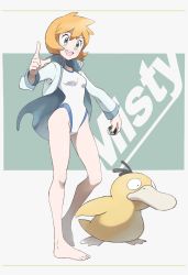 Rule 34 | 1girl, bare legs, barefoot, breasts, character name, contrapposto, creatures (company), full body, game freak, gen 1 pokemon, green eyes, gym leader, highres, holding, holding poke ball, jacket, long sleeves, misty (pokemon), nintendo, nomura (buroriidesu), official style, one-piece swimsuit, open clothes, open jacket, open mouth, orange hair, poke ball, pokemon, pokemon (creature), pokemon hgss, psyduck, short hair, small breasts, swimsuit, teeth, thighs, two-tone background, ultra ball, upper teeth only, white one-piece swimsuit