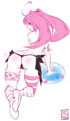 Rule 34 | 1girl, :p, ahoge, all fours, ass, boots, butt crack, closed mouth, from behind, full body, highres, long hair, looking at viewer, milim nava, monochrome, nyxondyx, pink hair, simple background, slime, smile, striped clothes, striped thighhighs, tensei shitara slime datta ken, thighhighs, thong, tongue, tongue out, topless, twintails, white background