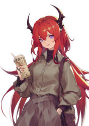 Rule 34 | 1girl, absurdres, alternate costume, arknights, bubble tea, commentary request, cowboy shot, cup, disposable cup, grey shirt, grey skirt, hair between eyes, highres, holding, holding cup, horns, jiusan naitang, long hair, long sleeves, looking at viewer, nail polish, parted lips, purple eyes, red hair, red nails, shirt, simple background, skirt, smile, solo, surtr (arknights), very long hair, white background
