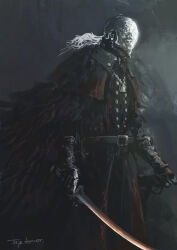 Rule 34 | 1boy, artist name, belt, black belt, black capelet, black cloak, blood, blood on clothes, bloodborne, bloody crow of cainhurst, bloody weapon, buttons, capelet, cloak, commentary, cowboy shot, double-breasted, english commentary, from side, gauntlets, grey background, helmet, highres, holding, holding sword, holding weapon, jewelry, long hair, long sleeves, male focus, necklace, solo, sword, tripdancer, unsheathed, weapon, white hair