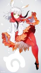 Rule 34 | 10s, 1girl, :o, amagai tarou, bird tail, black hair, blunt bangs, breasts, buttons, elbow gloves, frilled sleeves, frills, full body, fur collar, gloves, grey background, head wings, highres, japanese crested ibis (kemono friends), japari symbol, kemono friends, legs together, long sleeves, mary janes, orange skirt, pantyhose, parted lips, red gloves, red hair, red ribbon, ribbon, shirt, shoes, simple background, skirt, small breasts, solo, tail, thigh gap, white hair, white shirt, wide sleeves, wings, yellow eyes