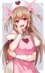 Rule 34 | 1girl, :d, apron, bad id, bad twitter id, bandages, blonde hair, blue gk, blunt bangs, dress shirt, hair between eyes, hair ornament, hat, head tilt, highres, inactive account, long hair, nail polish, natori sana, nurse, nurse cap, open mouth, pink apron, pink nails, red eyes, sana channel, shirt, short sleeves, smile, solo, standing, two side up, very long hair, virtual youtuber, white shirt