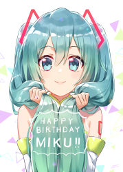 Rule 34 | 1girl, alternate costume, aqua eyes, aqua hair, closed mouth, detached sleeves, hair between eyes, hair over shoulder, happy birthday, hatsune miku, headgear, highres, looking at viewer, raised eyebrows, sleeveless, smile, solo, teeth, twintails, upper teeth only, vocaloid, wedo, white background