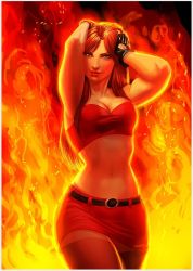 Rule 34 | 1girl, belt, blaze fielding, breasts, brown eyes, brown hair, cleavage, fire, gloves, grin, hand on head, lipstick, looking at viewer, makeup, midriff, red skirt, sega, skirt, smile, solo, streets of rage, thighs
