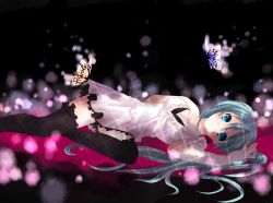 Rule 34 | 1girl, aqua eyes, aqua hair, black thighhighs, blush, bug, butterfly, hand on own chest, hatsune miku, highres, insect, long hair, lying, solo, thighhighs, third-party source, twintails, vocaloid, world is mine (vocaloid), zettai ryouiki