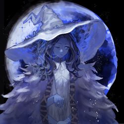Rule 34 | 1girl, black background, blue cloak, blue eyes, blue hair, blue hat, blue skin, blue theme, cloak, colored skin, cracked skin, doll joints, elden ring, expressionless, extra arms, extra faces, full moon, fur cloak, glowing, glowing eye, hand up, hat, hat ornament, hul-y, jewelry, joints, light particles, looking at viewer, medium hair, moon, one eye closed, own hands together, ranni the witch, ring, solo, upper body, wavy hair, witch hat