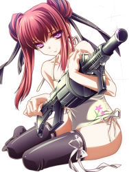 Rule 34 | 1girl, gun, highres, monety, one-piece swimsuit, original, purple eyes, red hair, simple background, solo, swimsuit, thighhighs, weapon, white background