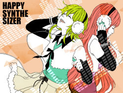 Rule 34 | 2girls, bad id, bad pixiv id, cheerpai, elbow gloves, closed eyes, gloves, green hair, gumi, happy synthesizer (vocaloid), long hair, megurine luka, multiple girls, pink hair, short hair, skirt, smile, vocaloid