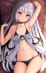 Rule 34 | 1girl, arm up, armpits, babydoll, bad id, bad twitter id, bare arms, bare shoulders, bikini, bikini under clothes, black bikini, black choker, breasts, choker, collarbone, cross, demon wings, grey babydoll, groin, halterneck, hand up, highres, long hair, looking at viewer, lying, mini wings, navel, on back, original, parted lips, pillow, red eyes, reinama, side-tie bikini bottom, silver hair, small breasts, solo, stomach, string bikini, swimsuit, thighs, two side up, very long hair, wings