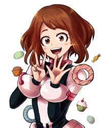 Rule 34 | 1girl, :d, blush, blush stickers, boku no hero academia, brown eyes, brown hair, candy, cupcake, doughnut, food, hands up, lei-lei, looking at viewer, macaron, muffin, open mouth, short hair, smile, solo, transparent background, upper body, uraraka ochako, v, wrapped candy