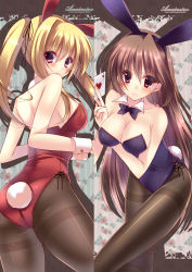 Rule 34 | 1girl, 2girls, amane ruri, animal ears, ass, blonde hair, bow, bowtie, breasts, brown hair, card, cleavage, detached collar, fake animal ears, large breasts, long hair, multiple girls, original, pantyhose, playboy bunny, playing card, rabbit ears, rabbit tail, red eyes, tail, thighband pantyhose, twintails, type (artist), wrist cuffs