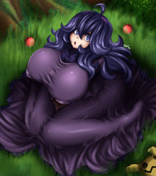 Rule 34 | 1girl, @ @, ahoge, breasts, covered erect nipples, creatures (company), dress, fenrox, from above, full body, game freak, gen 7 pokemon, grass, hair between eyes, hairband, hex maniac (pokemon), highres, huge breasts, long dress, long hair, long sleeves, looking at viewer, matching hair/eyes, messy hair, mimikyu, nintendo, open mouth, outdoors, poke ball, pokemon, pokemon (creature), pokemon xy, purple dress, purple eyes, purple hair, sitting, solo, teeth, tongue, upper teeth only, wariza