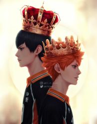 Rule 34 | 2boys, artcami, black hair, blue eyes, closed mouth, commentary, crown, haikyuu!!, height difference, highres, hinata shouyou, instagram username, jersey, kageyama tobio, looking to the side, male focus, multiple boys, orange eyes, orange hair, parted lips, profile, sportswear, v-shaped eyebrows, volleyball uniform