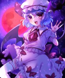Rule 34 | 1girl, :d, \||/, absurdres, ascot, bat wings, blurry, blurry foreground, brooch, depth of field, full moon, hat, highres, hitosaji, jewelry, looking at viewer, mob cap, moon, night, open mouth, puffy sleeves, red eyes, red moon, remilia scarlet, ribbon, sash, short hair, short sleeves, skirt, sky, smile, solo, star (sky), starry sky, touhou, wings