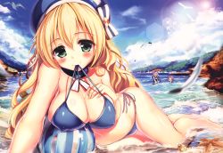 Rule 34 | 10s, 3girls, absurdres, akabane (zebrasmise), atago (kancolle), ball, bare legs, barefoot, beach, beachball, beret, bikini, blonde hair, blue bikini, blue skirt, blurry, blush, breast suppress, breasts, cleavage, day, depth of field, covered erect nipples, feathers, green eyes, hat, highres, huge filesize, i-168 (kancolle), i-19 (kancolle), kantai collection, large breasts, lens flare, long hair, looking at viewer, lying, mouth hold, multiple girls, navel, outdoors, partially submerged, scan, side-tie bikini bottom, skirt, sunlight, swimsuit