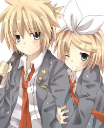 Rule 34 | 1boy, 1girl, arm hug, bad id, bad pixiv id, badge, blonde hair, brother and sister, button badge, kagamine len, kagamine rin, necktie, one eye closed, red necktie, short hair, shugao, siblings, twins, vocaloid, wink